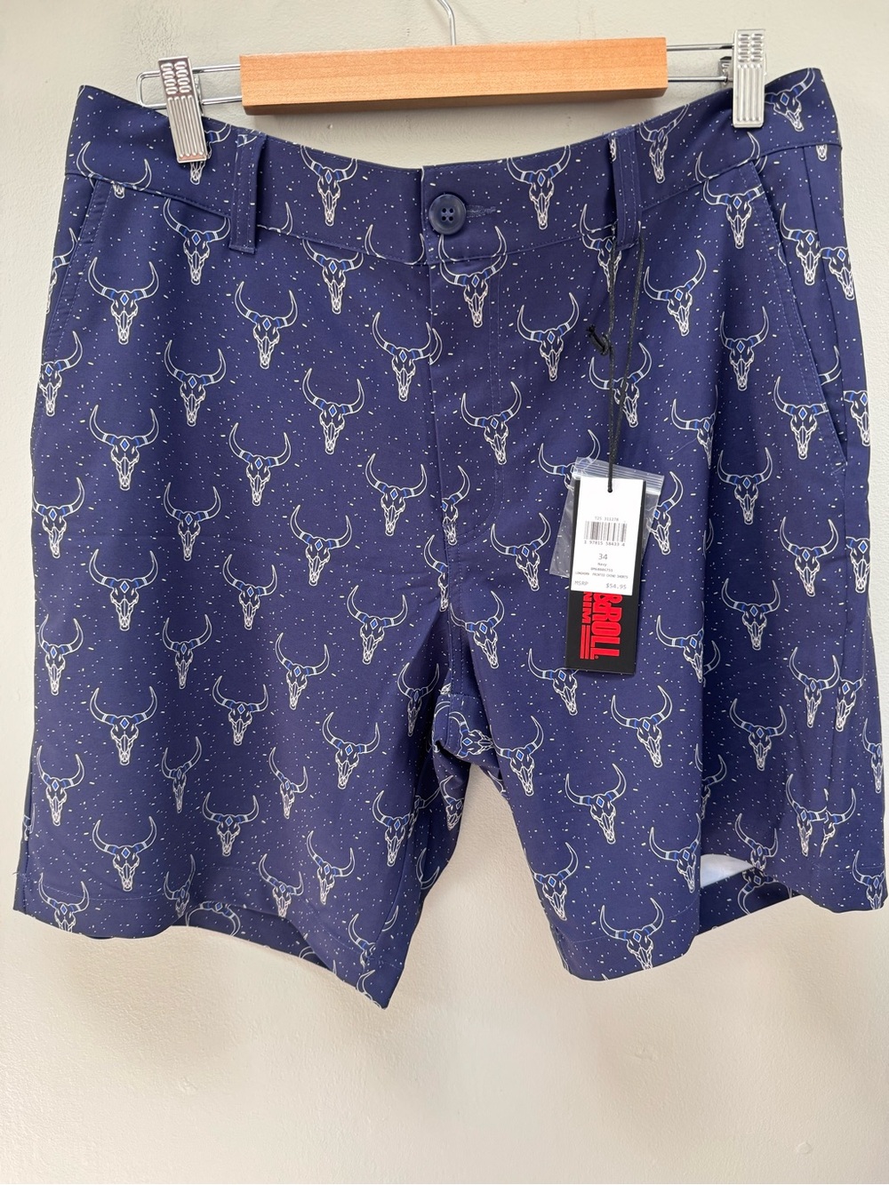 NWT! Rock & Roll Denim Men's Longhorn Print Chino Shorts Size 34,36,40 Navy. 8”